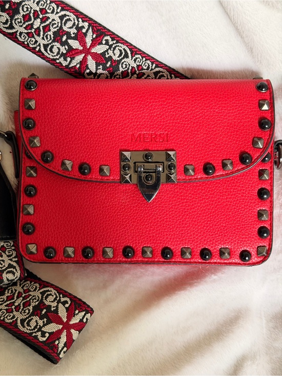 Mersi Handbags - MERSI Red Studded Leather Crossbody Bag with Decorative Strap